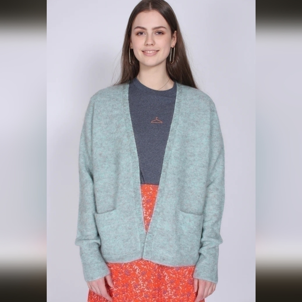 SECOND FEMALE BROOK KNIT NEW SHORT CARDIGAN in AQUA HAZE, SZ SMALL